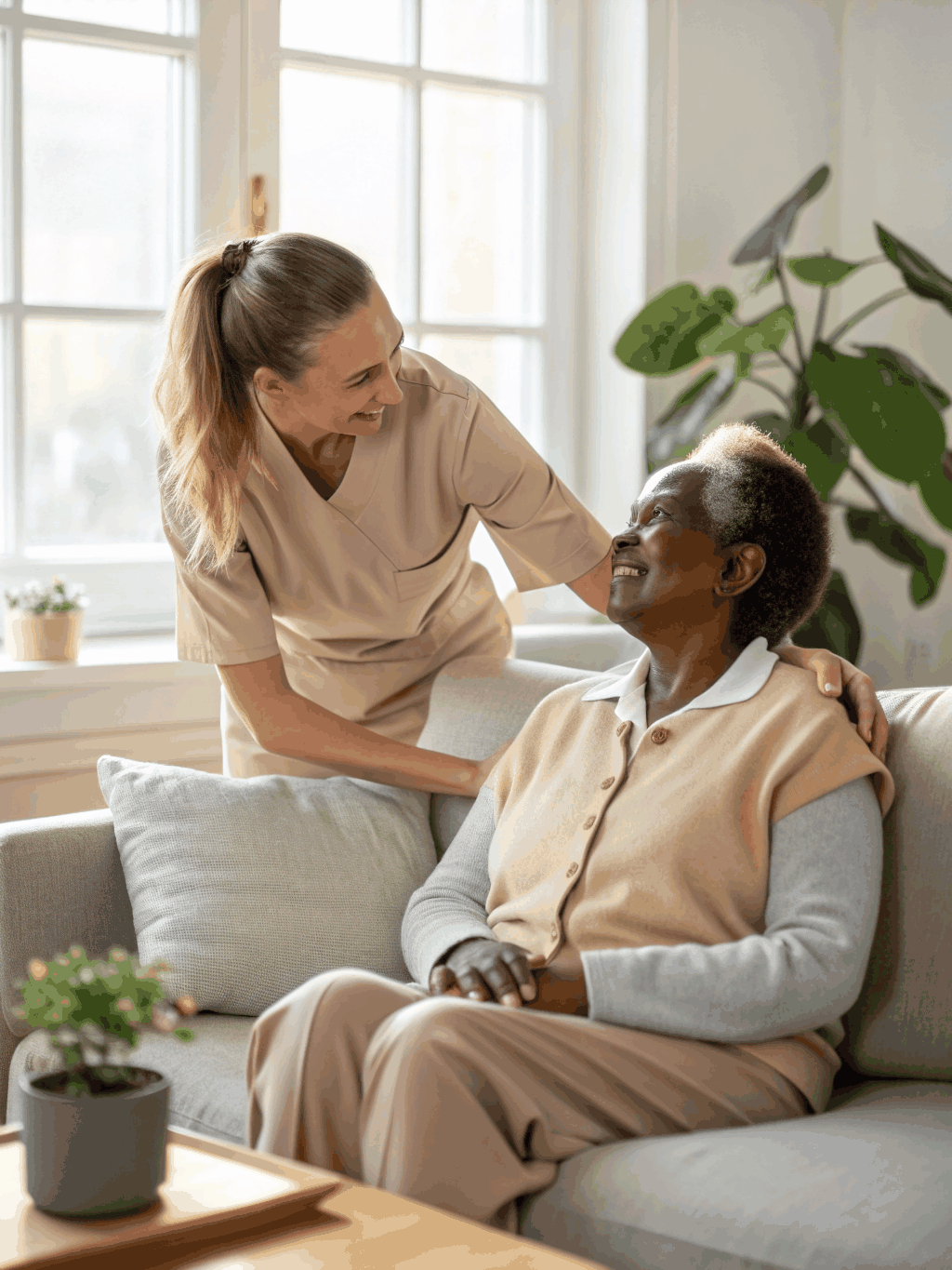 Latina home healthcare professional assisting an elderly patient in a home setting